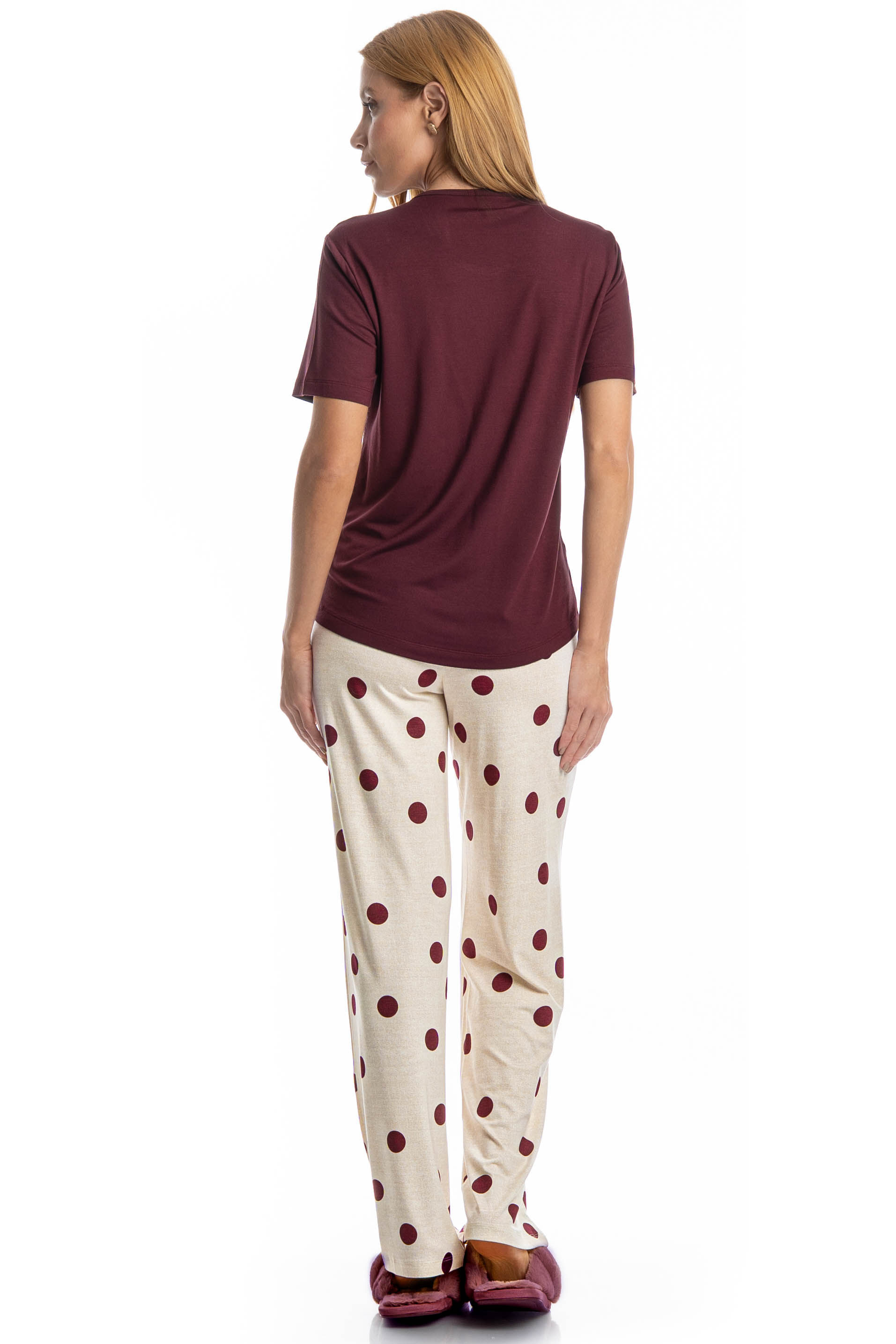 Pijama Feminino Longo Manga Curta Poá Branco - Imagem 2