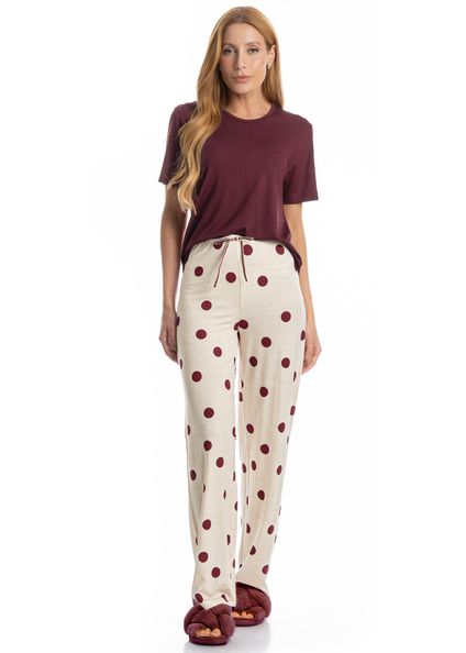 Pijama Feminino Longo Manga Curta Poá Branco - Imagem 1
