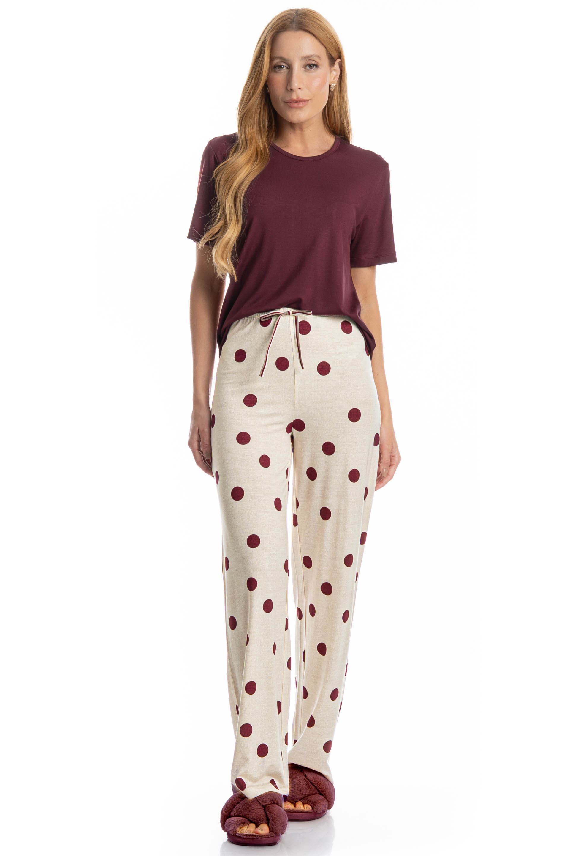 Pijama Feminino Longo Manga Curta Poá - Imagem 1