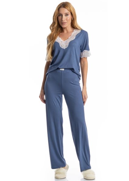 Pijama Feminino Longo Manga Curta Lily Azul-2 - Imagem 1