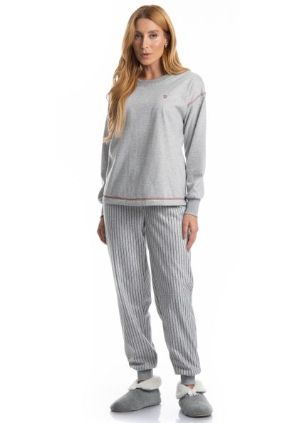 Pijama Feminino Longo Inês Cinza - Imagem 1