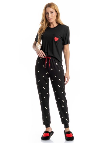 Pijama Longo Manga Curta Lovely Preto - Imagem 1