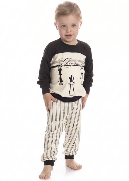 Pijama Infantil Longo Unissex Xadrez Preto - Imagem 1