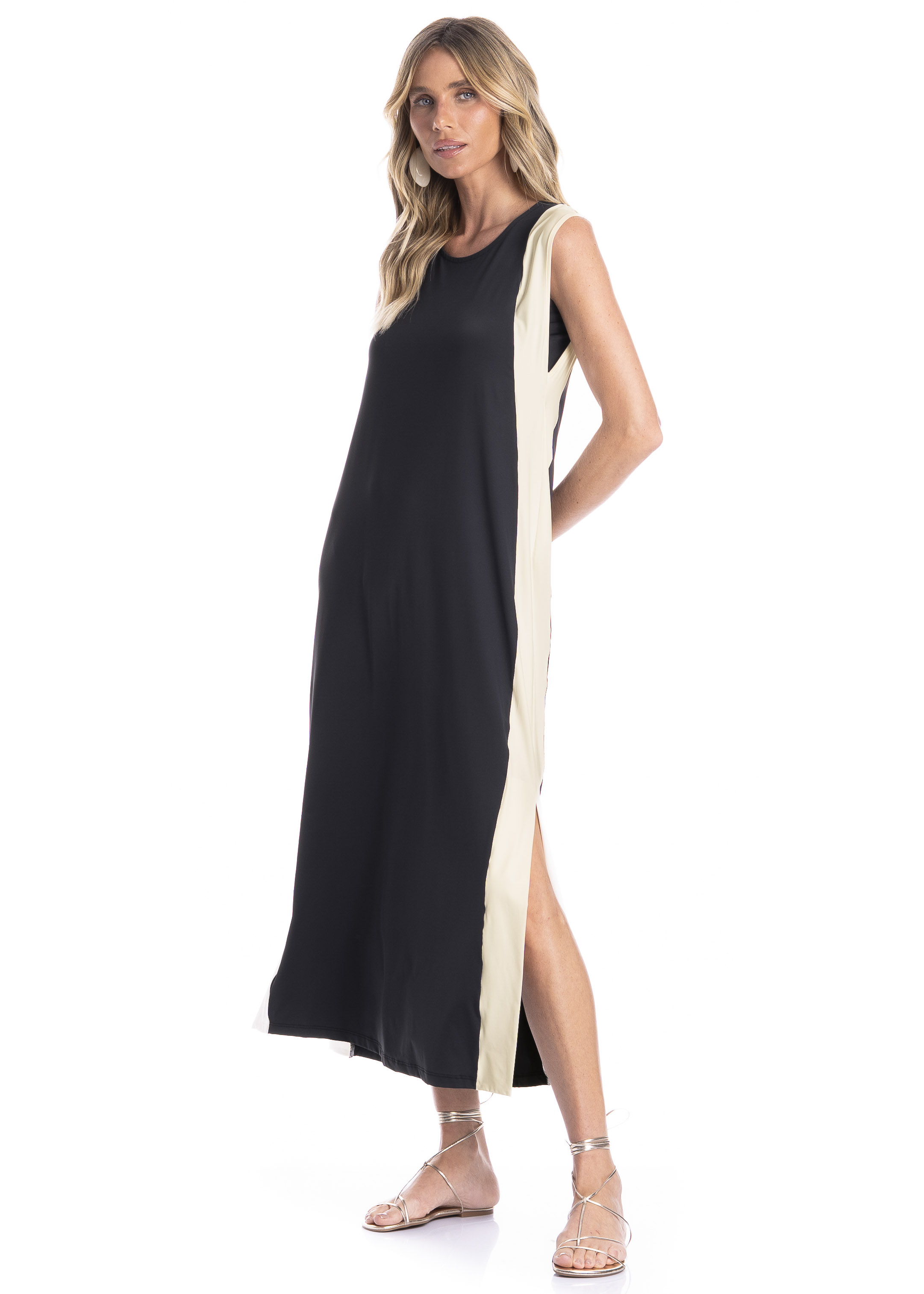 Vestido Feminino Alongado Bicolor - Imagem 1