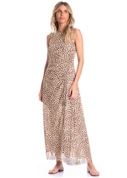 Vestido De Tule Com Combinete Franzido Conchas Marrom - Imagem 1