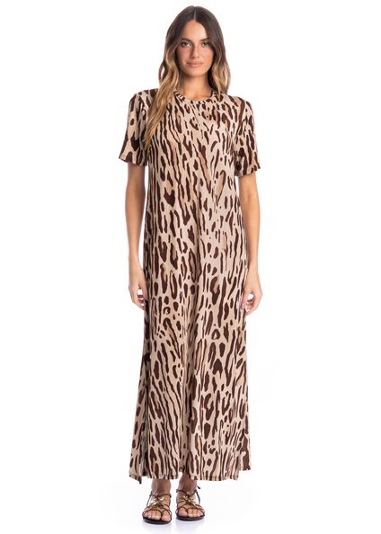 Vestido Feminino Com Manga Onça Marrom - Imagem 1