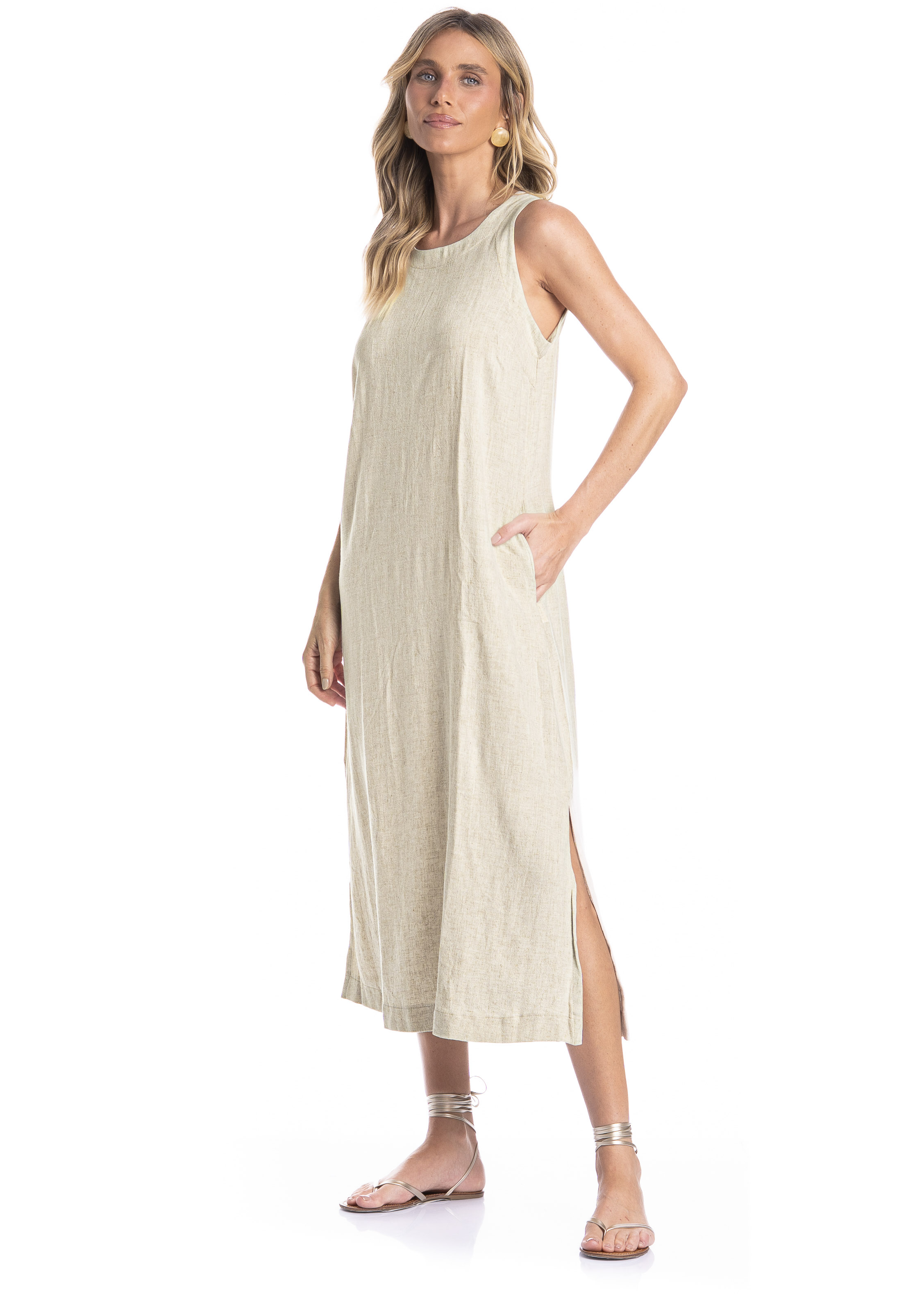 Vestido Feminino Regata Com Bolso Belize Bege - Imagem 1