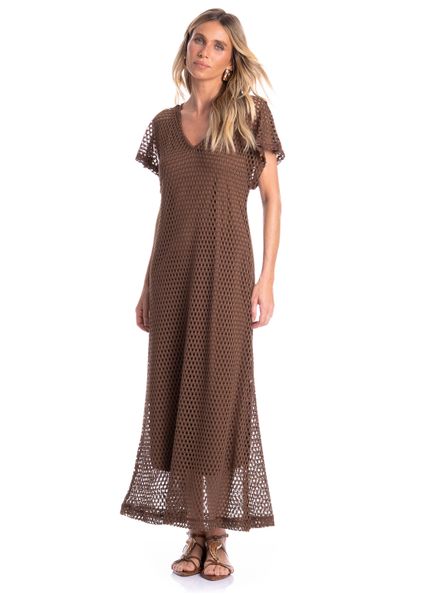 Vestido Feminino Longo Com Combinete Trama Marrom - Imagem 1