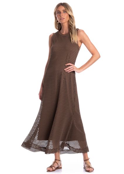 Vestido Feminino Regata Evasê Trama Marrom - Imagem 1