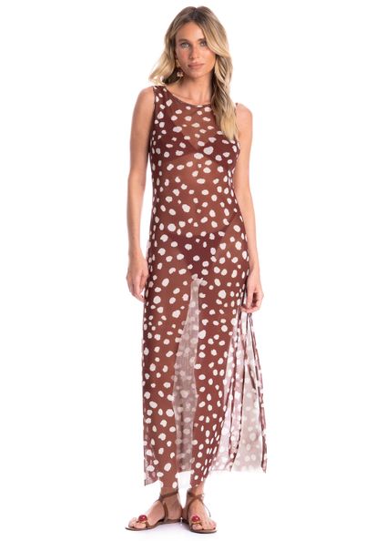 Vestido Regata Em Tule Poá Marrom - Imagem 1