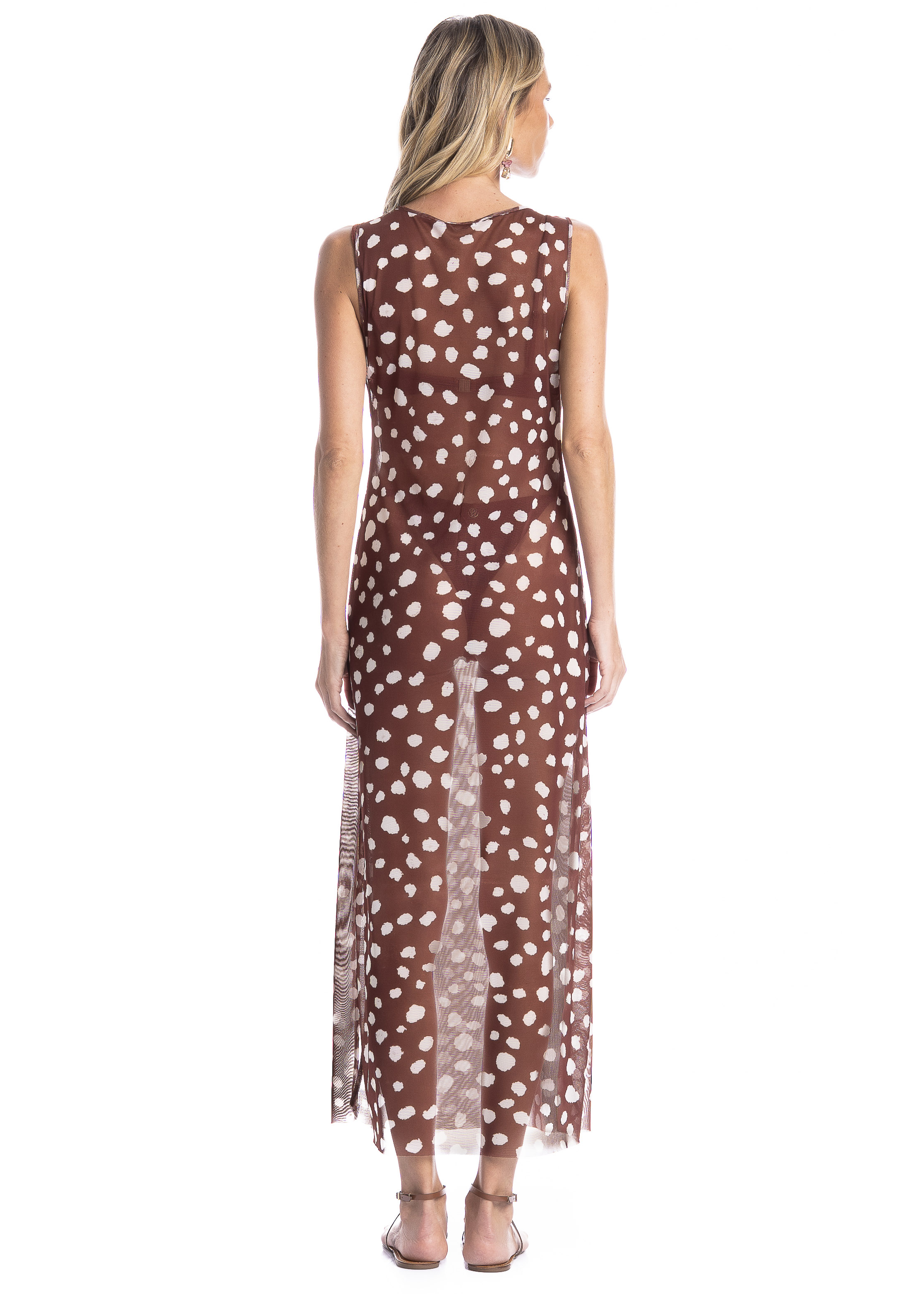 Vestido Regata Em Tule Poá Marrom - Imagem 2