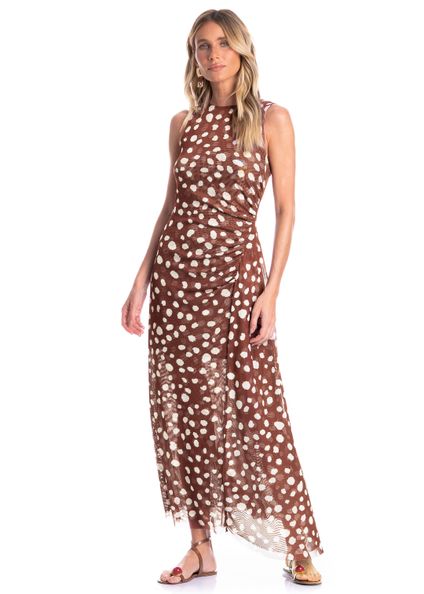 Vestido Franzido Em Tule Com Combinete Poá Marrom - Imagem 1