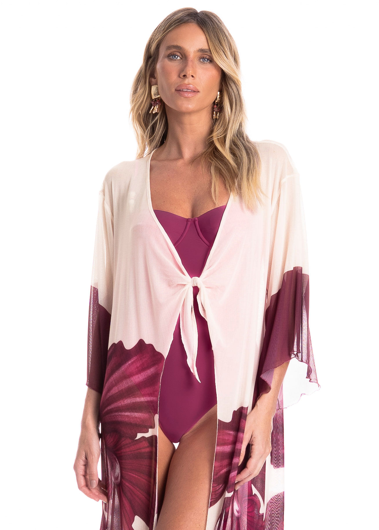 Kaftan De Tule Com Manga Floral - Imagem 3 - Mobile