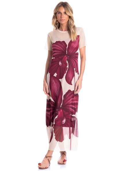 Vestido Em Tule Com Manga E Combinete Floral Rosa - Imagem 1