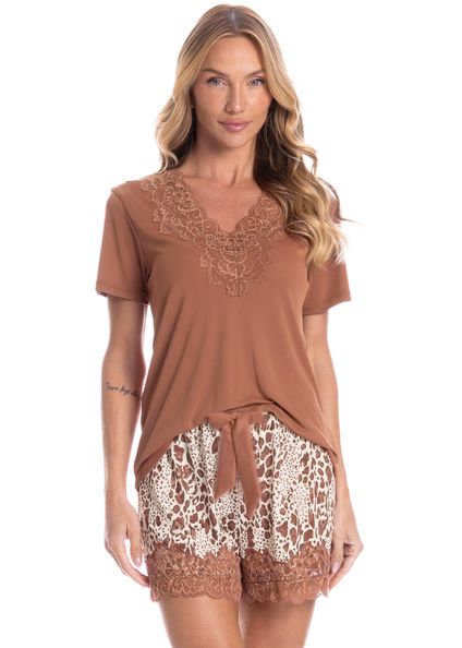 Pijama Feminino Curto Felina Marrom - Imagem 1