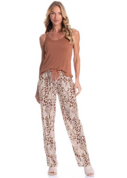 Pijama Feminino Longo Felina Marrom - Imagem 1
