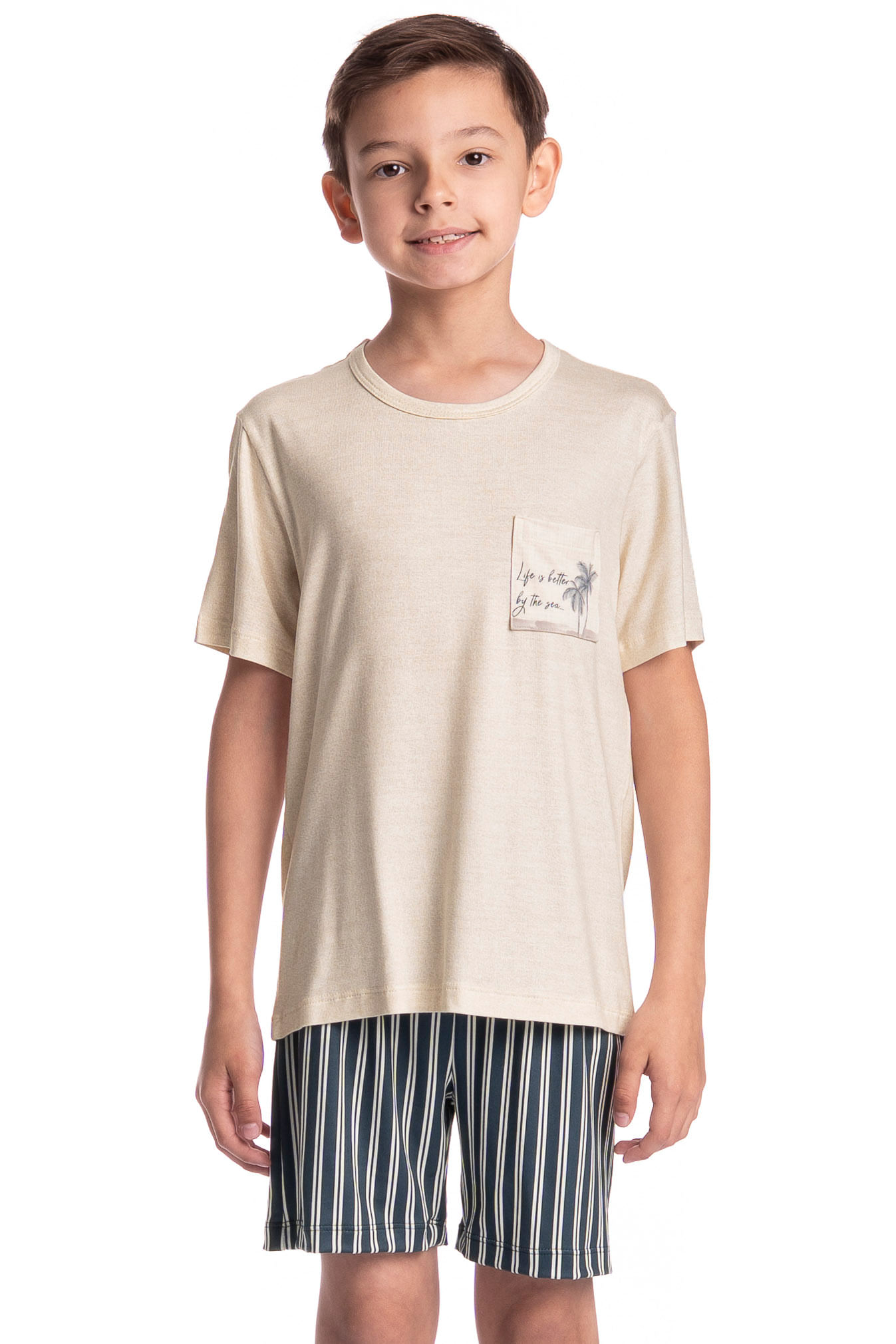 Pijama Infantil Masculino Curto Stripes Branco - Imagem 1