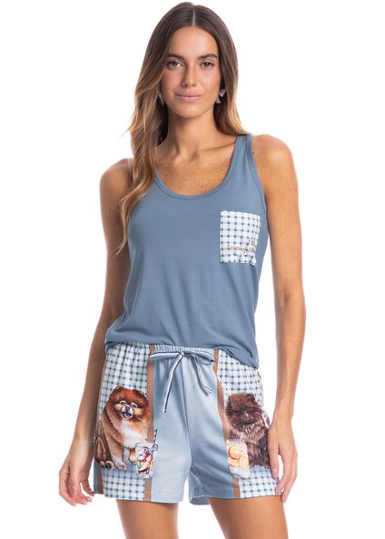 Pijama Feminino Curto Regata Fresh Moka Azul-2 - Imagem 1
