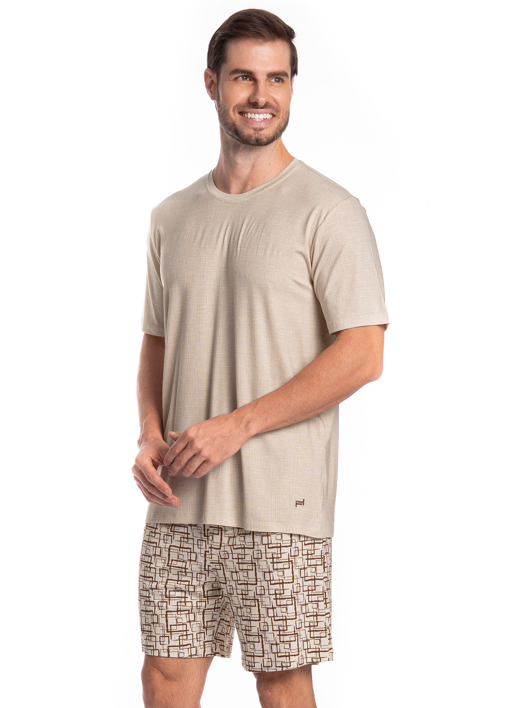 Pijama Masculino Curto Grid Tombini Branco - Imagem 1