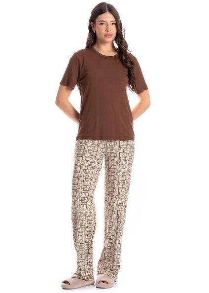 Pijama Feminino Longo Grid Marrom - Imagem 1