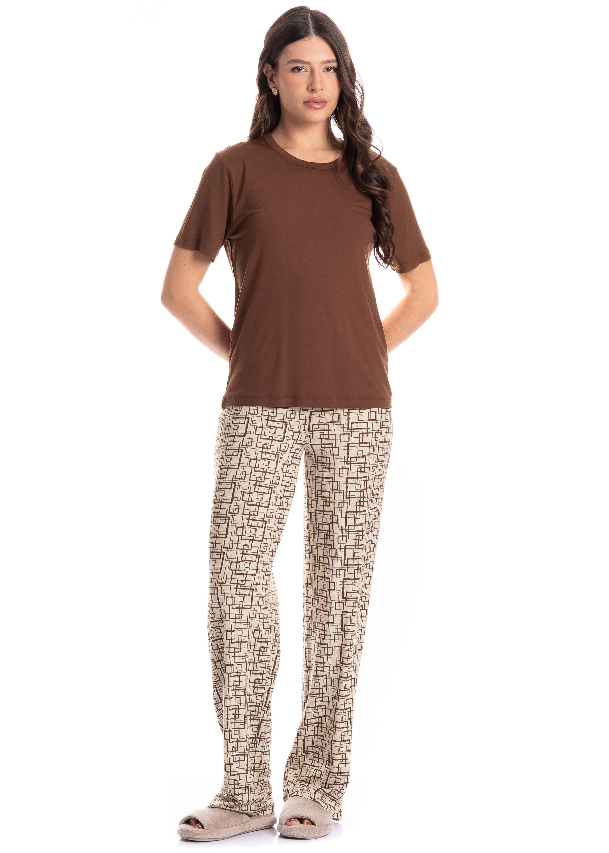 Pijama Feminino Longo Grid Marrom - Imagem 1