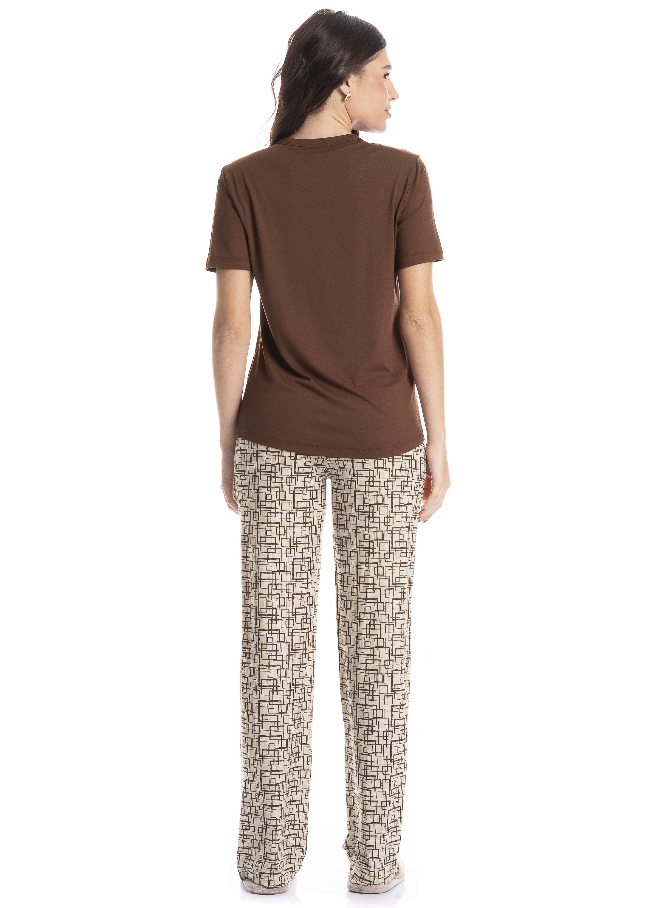 Pijama Feminino Longo Grid Marrom - Imagem 2