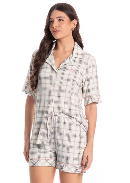 Pijama Feminino Curto Americano Chess Cinza - Imagem 1