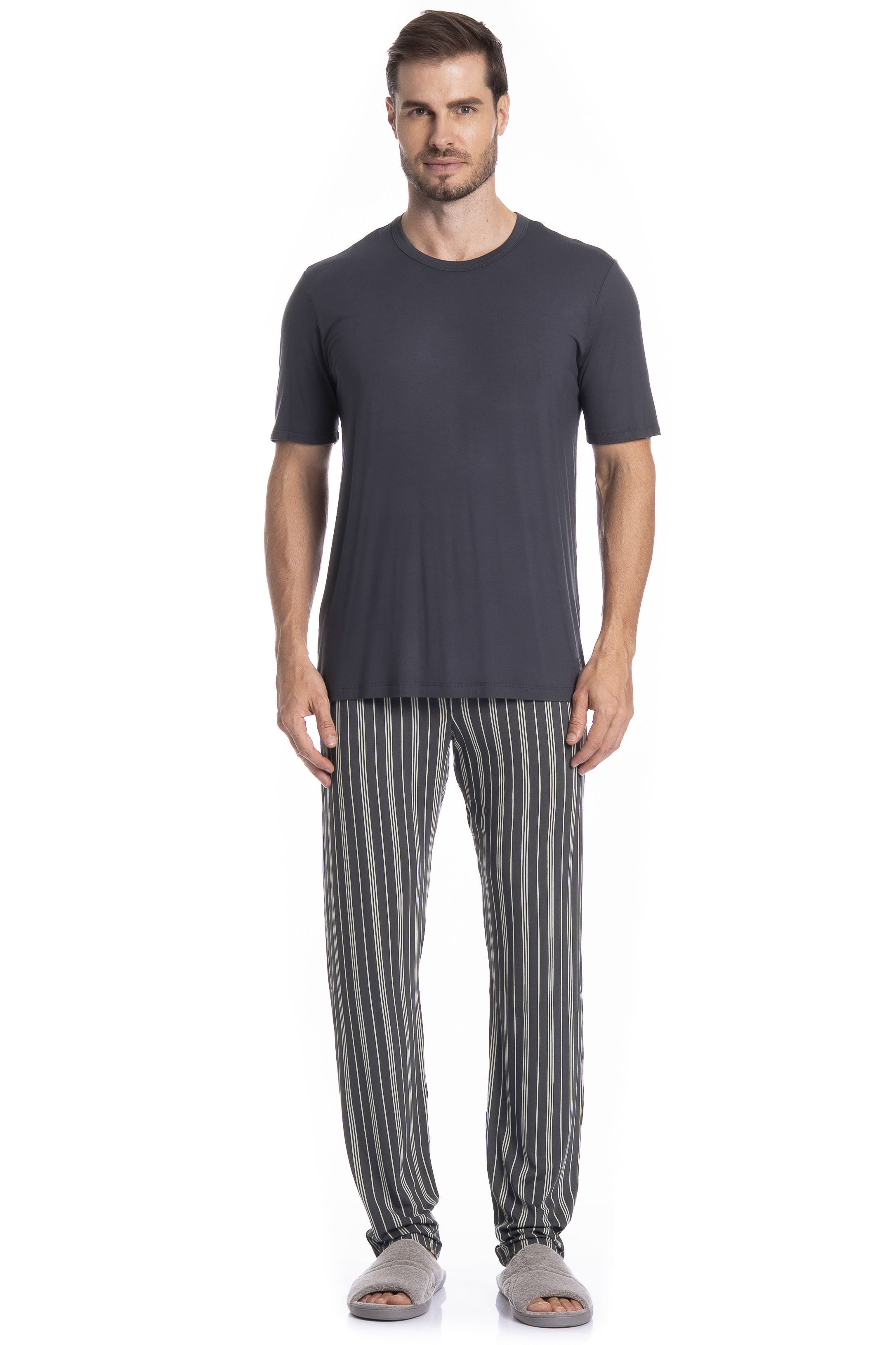 Pijama Masculino Longo Manga Curta Felipe Tombini Cinza - Imagem 1