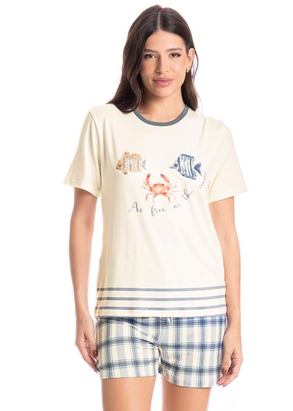 Pijama Feminino Curto Blue Branco - Imagem 1