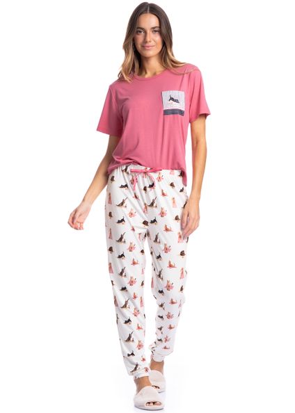 Pijama Feminino Longo Manga Curta Cats Yoga Branco - Imagem 1