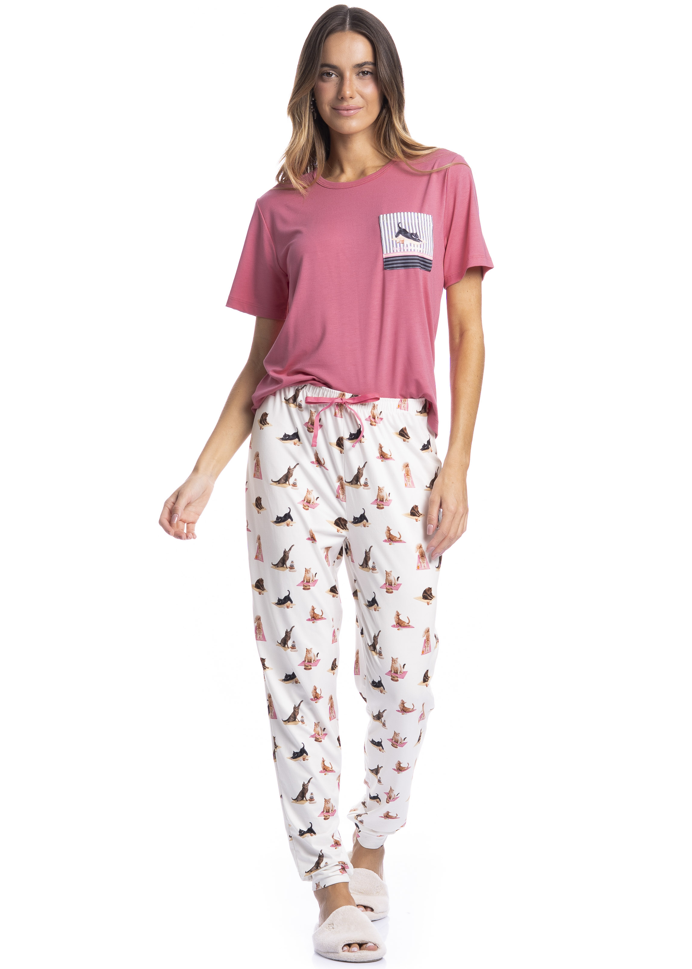 Pijama Feminino Longo Manga Curta Cats Yoga Branco - Imagem 1