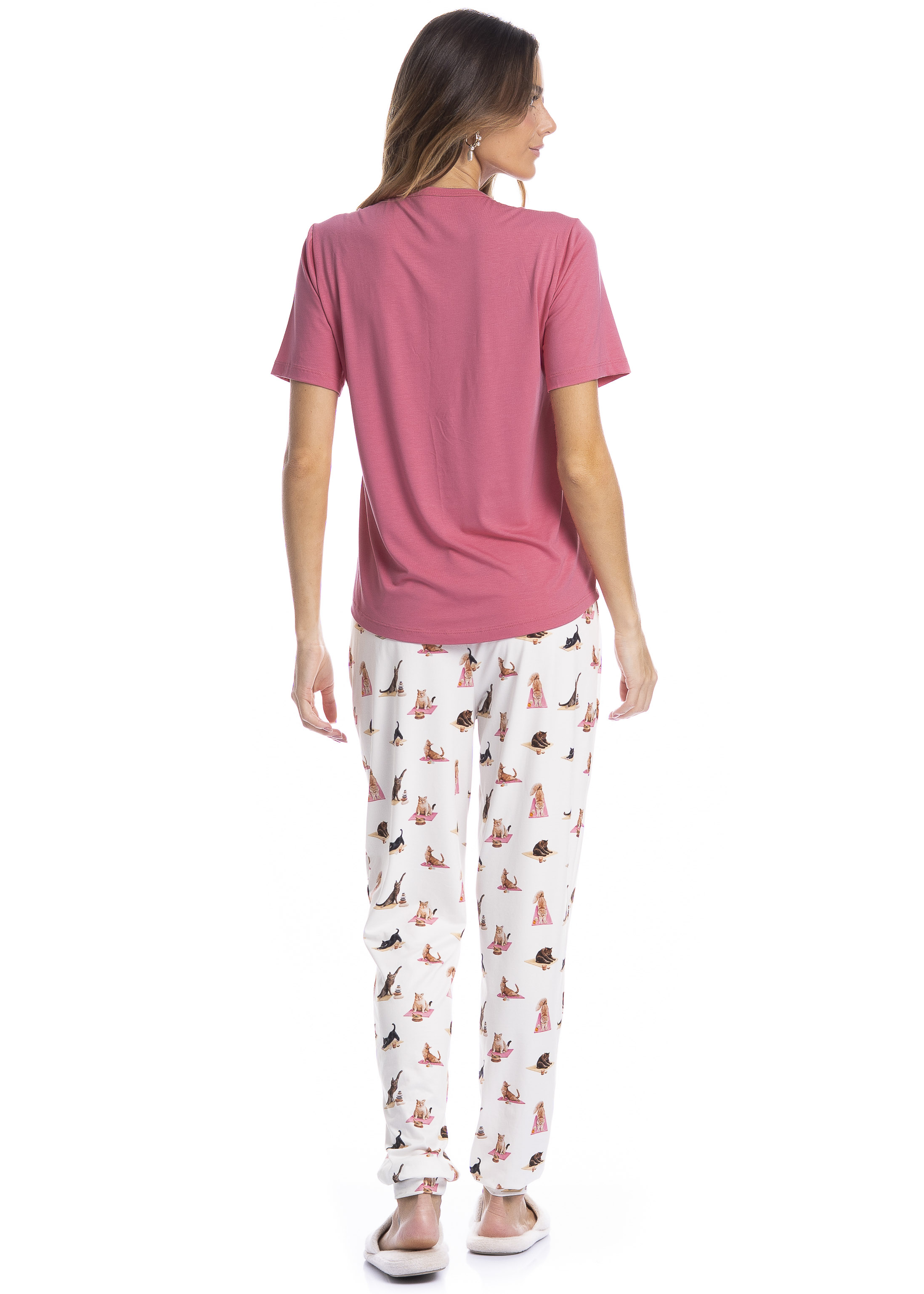 Pijama Feminino Longo Manga Curta Cats Yoga Branco - Imagem 2