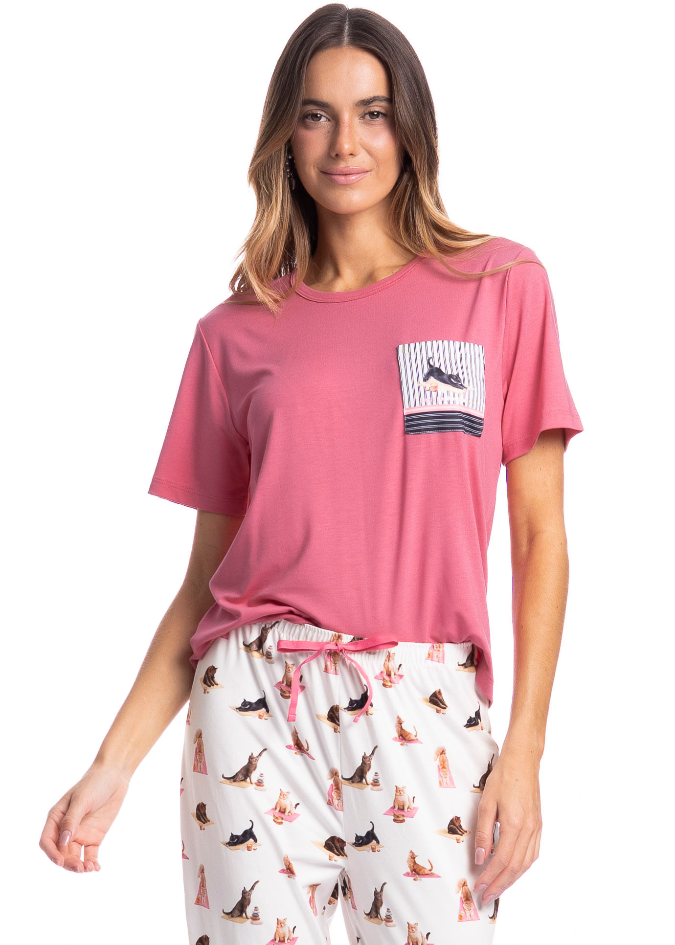 Pijama Feminino Longo Manga Curta Cats Yoga - Imagem 3 - Mobile