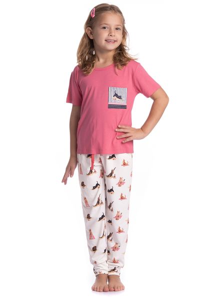 Pijama Infantil Longo Manga Curta Cats Yoga Branco - Imagem 1