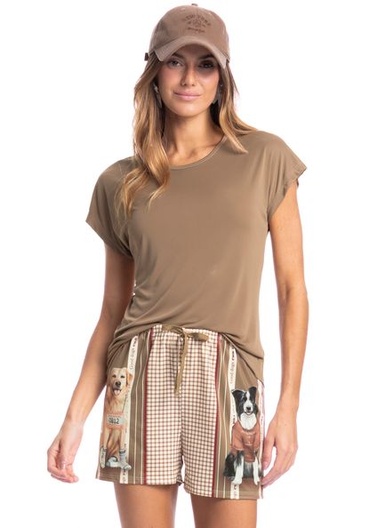 Pijama Feminino Curto Dogs Running Bege - Imagem 1