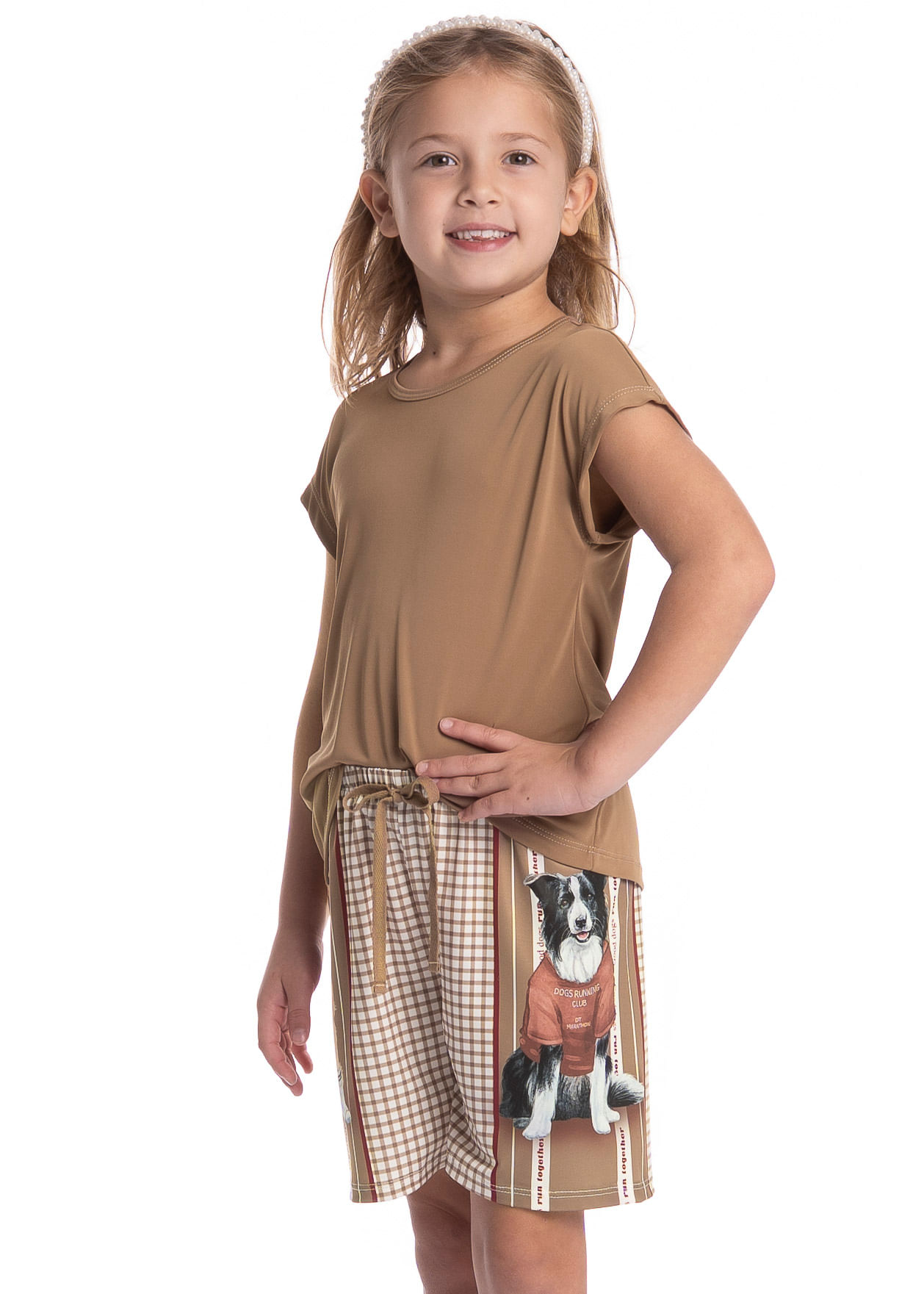 Pijama Infantil Feminino Curto Dogs Running Bege - Imagem 1