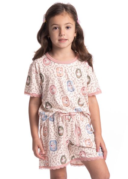 Pijama Infantil Feminino Curto Sweet Love Rosa-3 - Imagem 1