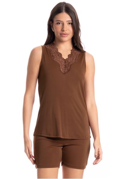 Pijama Feminino Shortão Regata Biba Marrom - Imagem 1
