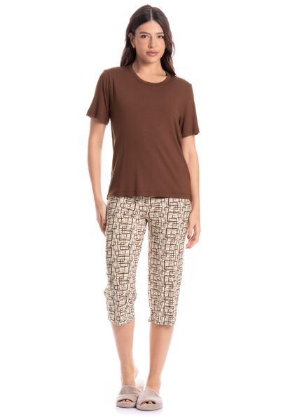 Pijama Feminino Pescador Grid Marrom - Imagem 1