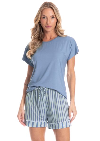 Pijama Feminino Curto Listra Azul-2 - Imagem 1