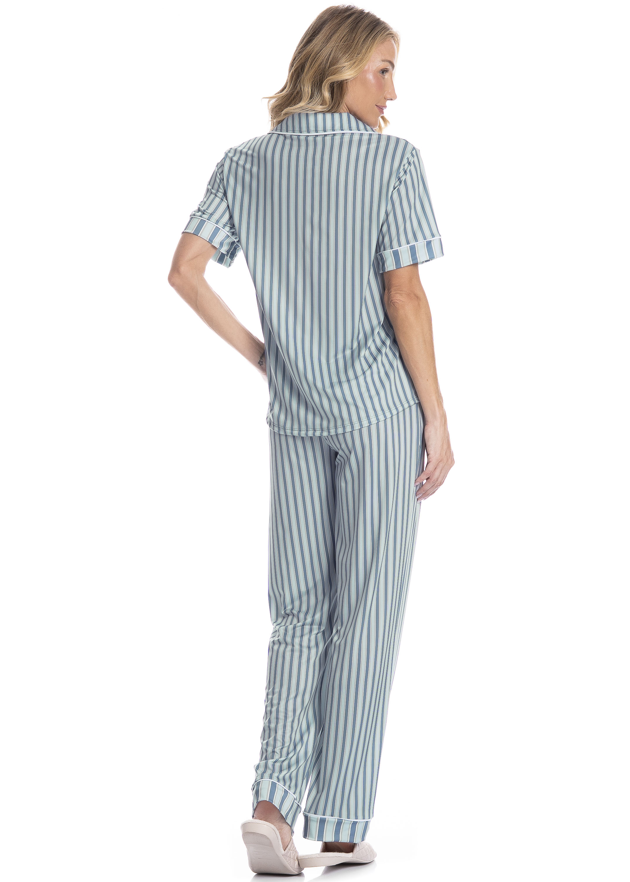 Pijama Americano Feminino Longo Manga Curta Listra - Imagem 2 - Mobile