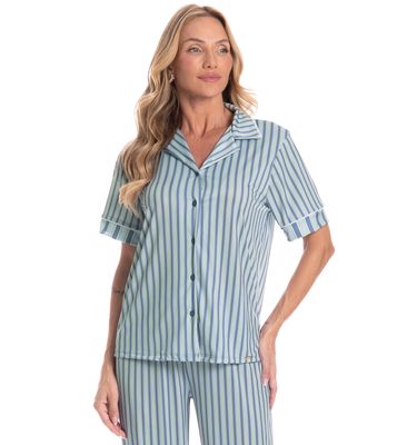 Pijama Americano Feminino Longo Manga Curta Listra - Imagem 3 - Mobile