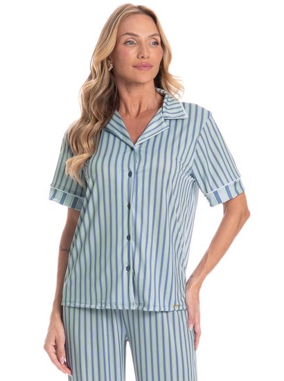 Pijama Americano Feminino Longo Manga Curta Listra - Imagem 3 - Desktop