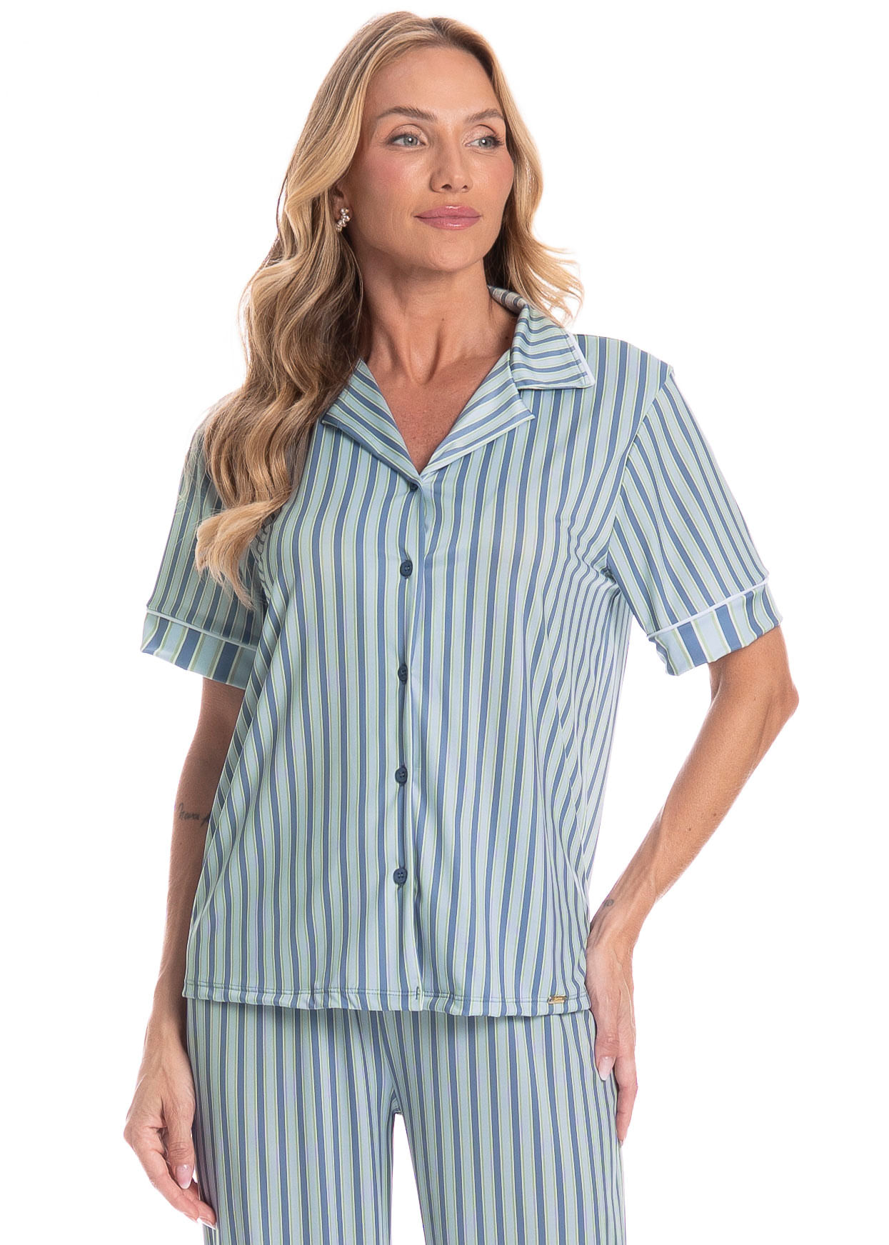Pijama Americano Feminino Longo Manga Curta Listra - Imagem 3 - Mobile