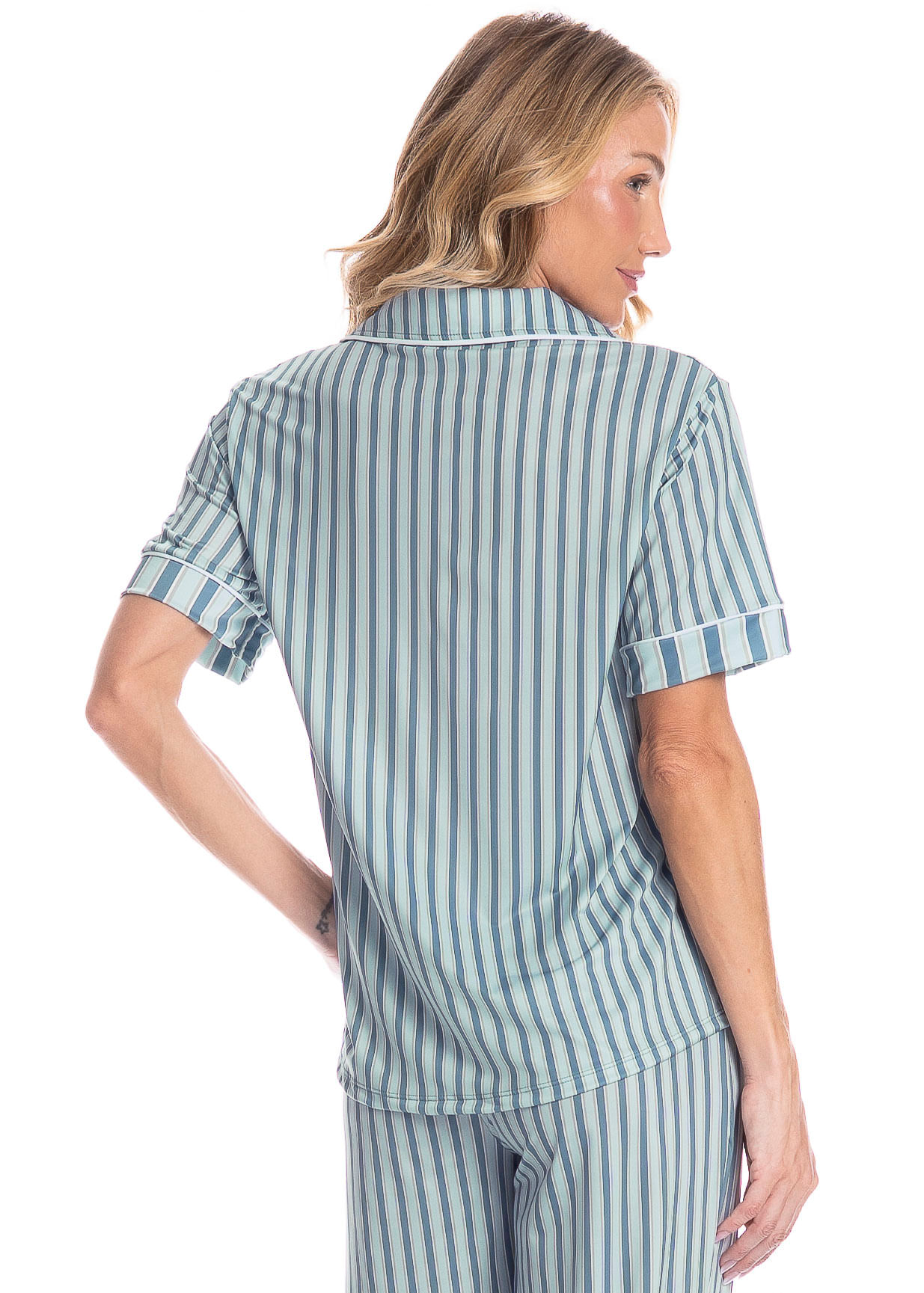 Pijama Americano Feminino Longo Manga Curta Listra - Imagem 4 - Mobile