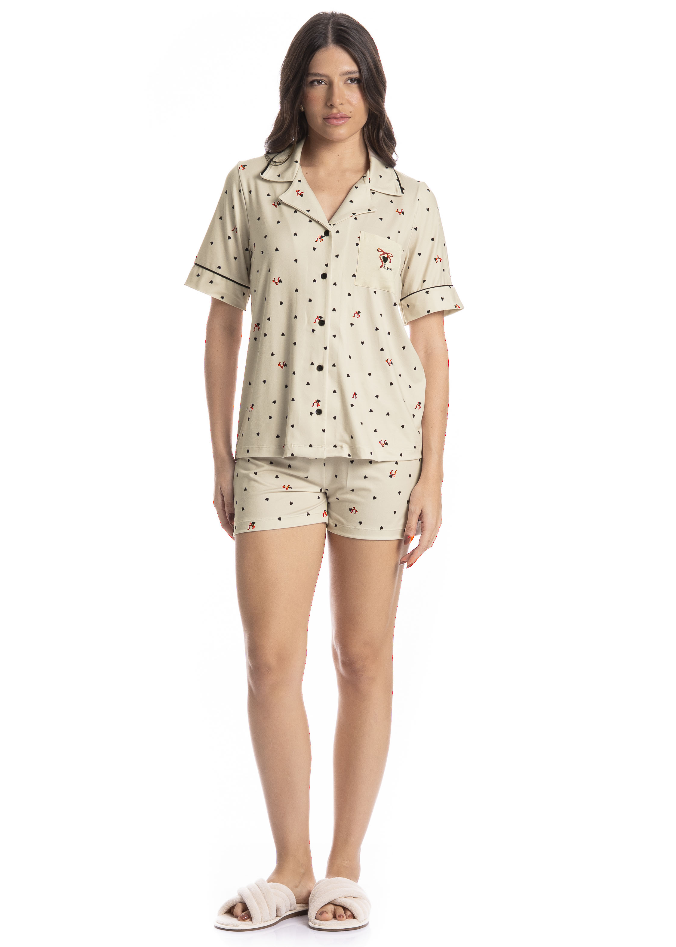 Pijama Americano Feminino Curto Corações - Imagem 3 - Mobile