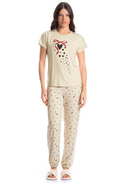 Pijama Feminino Manga Curta Longo Corações Branco - Imagem 1