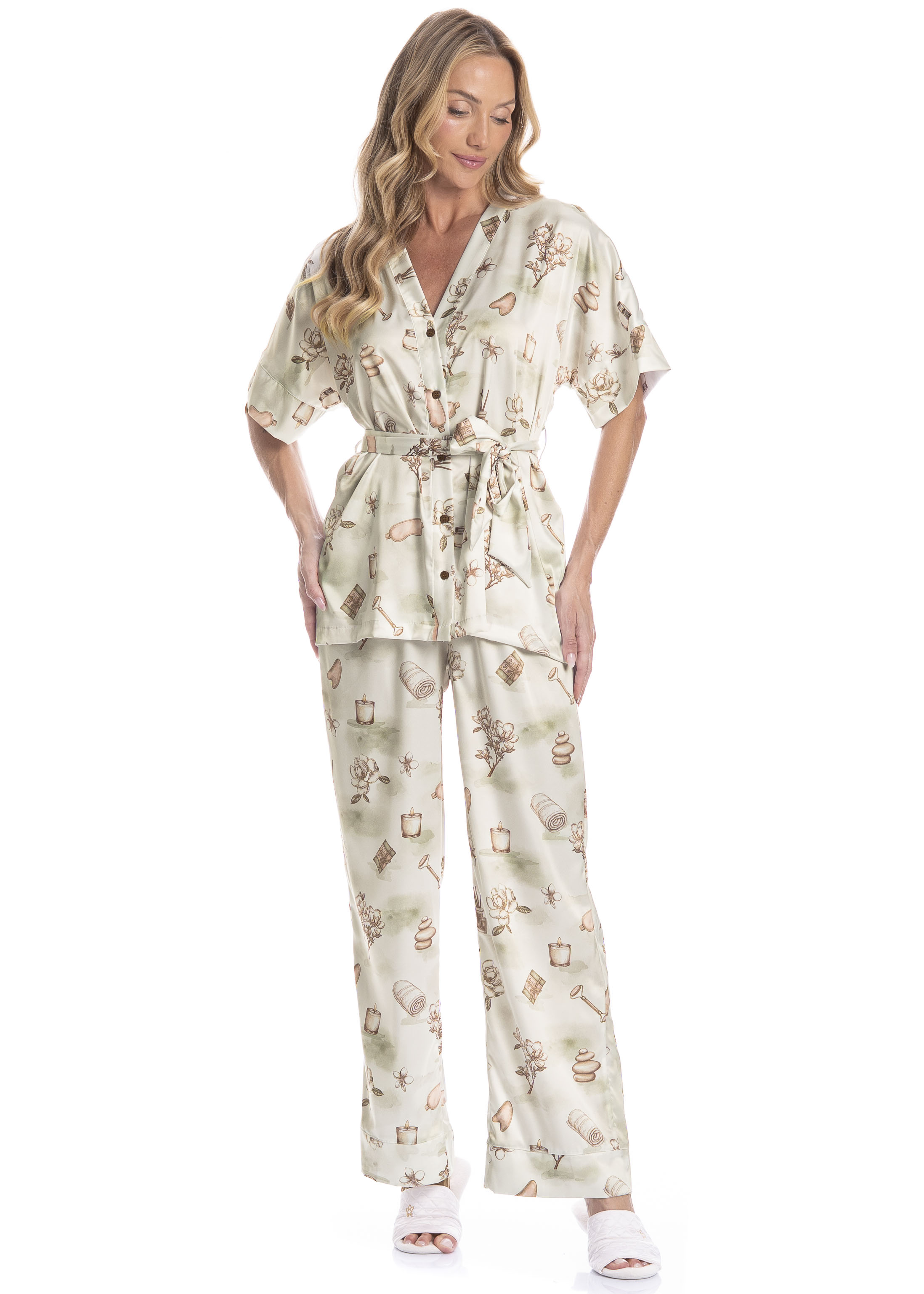 Pijama Americano Feminino Longo Manga Curta Com Faixa Spa - Imagem 1