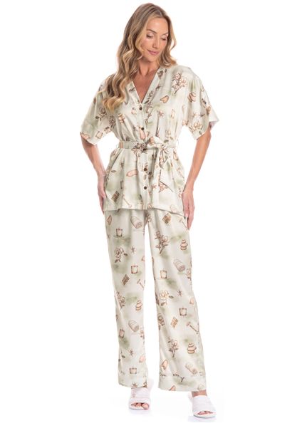 Pijama Americano Feminino Longo Manga Curta Com Faixa Spa Verde - Imagem 1
