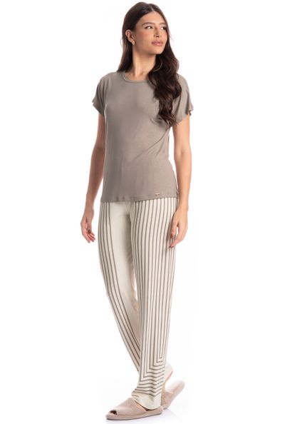 Pijama Feminino Longo Manga Curta Linéa Bege - Imagem 1